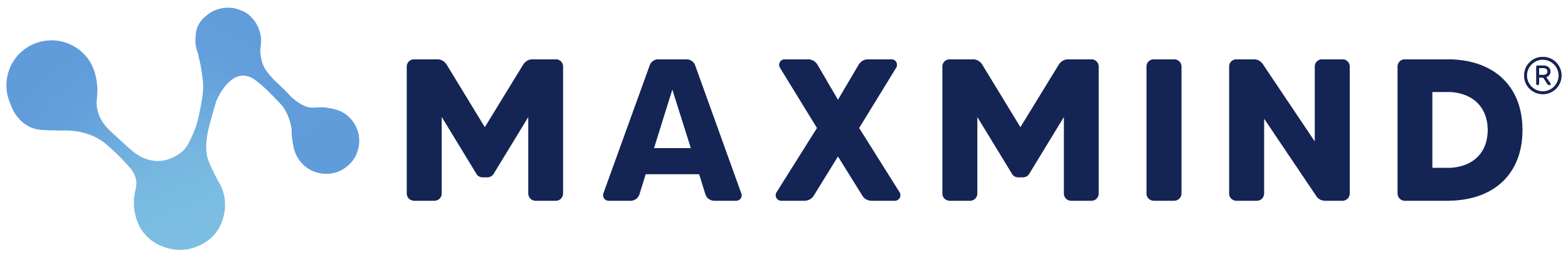The MaxMind logo is the word MAXMIND, all in capitals, in a dark blue, bold,
sans serif font with softened edges. There&rsquo;s a logomark before the text, a set
of four dots connected by lines in a stylized M with a gradient between two
lighter blues.